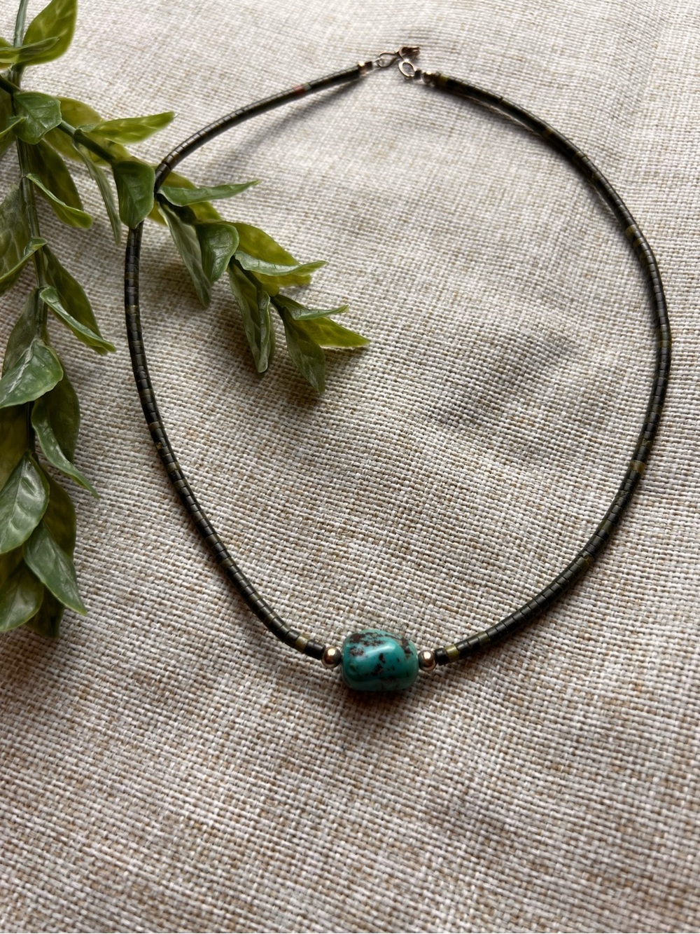 BOHO Black Beaded Whimsy Chocker Necklace with Turquoise Blue Stone